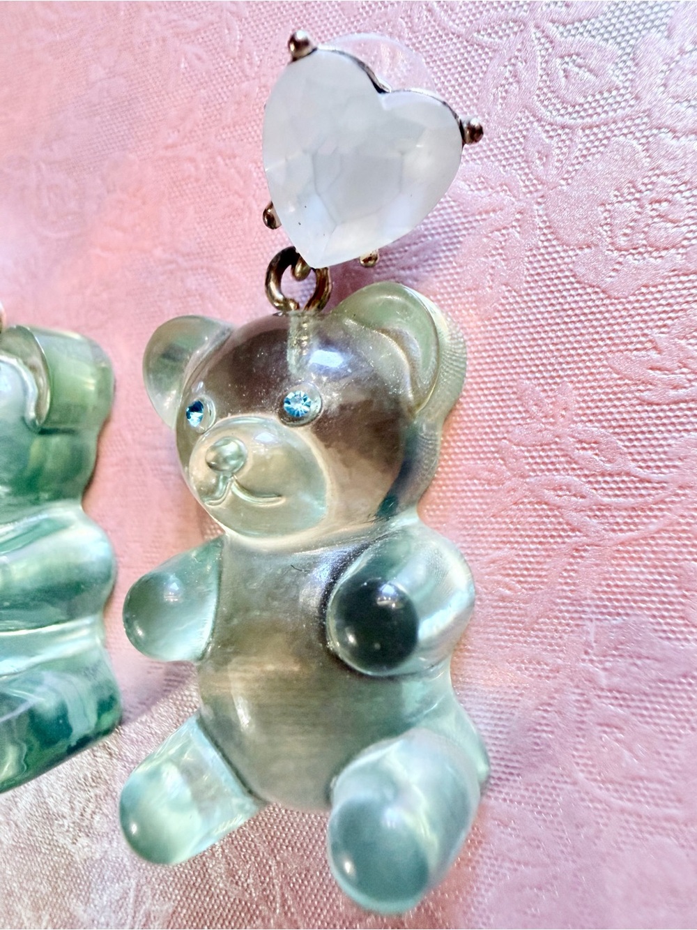 Betsey Johnson Translucent Green Bear Drop Earrings with White Heart Studs - Picture 2 of 5